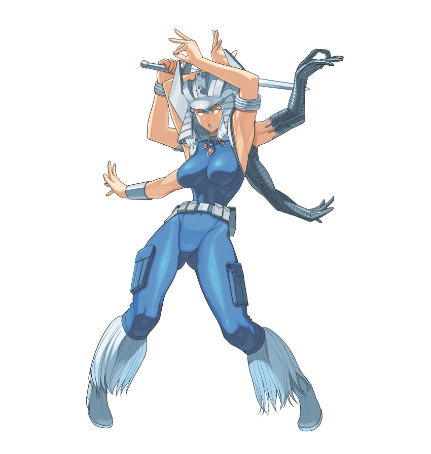 absurdres armpits baka_guruo breasts extra_arms helmet highres holding holding_sword holding_weapon jewelry marvel marvel_vs._capcom marvel_vs._capcom_2 medium_breasts necklace no_pupils open_mouth spiral_(marvel) sword transparent_background weapon white_footwear white_hair x-men