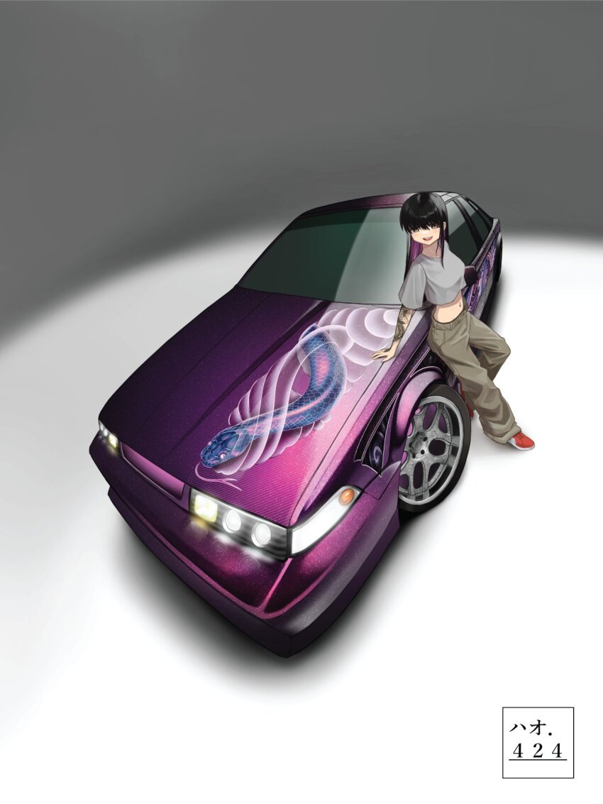 arm_tattoo black_hair blush breasts brown_eyes brown_pants car colored_inner_hair commentary cropped_shirt english_commentary fisheye from_above glowing grey_background grey_shirt haow highres medium_breasts midriff motor_vehicle multicolored_hair navel nissan nissan_cefiro orange_shoes original pants puma_(brand) purple_hair shirt shizuku_inoue_(haow) shoes smile sneakers tattoo vehicle_focus