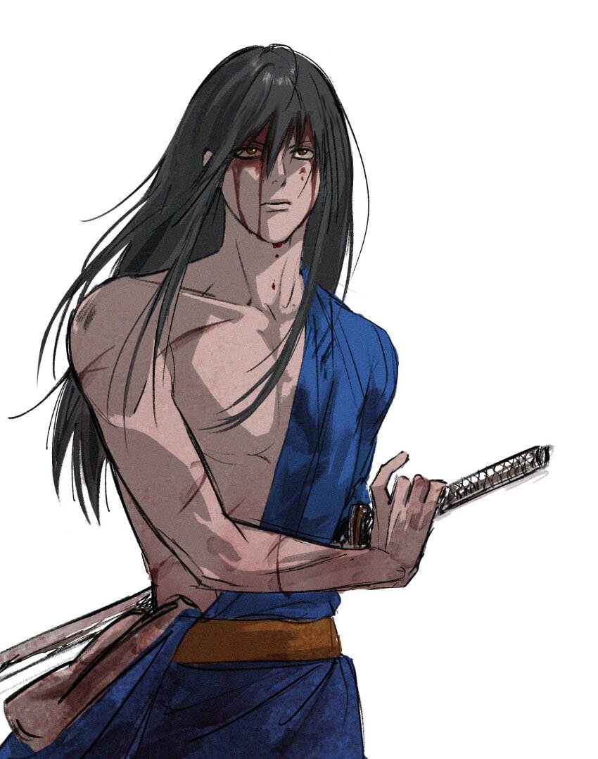 1boy black_hair blood blood_on_face blue_kimono brown_eyes collarbone commentary_request cuts fighting_stance gintama hadanugi_dousa highres holding holding_sword holding_weapon injury japanese_clothes katana katsura_kotarou kimono long_hair male_focus missing_limb official_alternate_costume open_kimono pectoral_cleavage pectorals ready_to_draw salmonfatty scar scar_on_arm scar_on_chest solo sword weapon white_background yellow_eyes