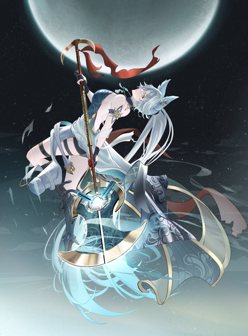 1girl absurdres animal_ear_fluff animal_ear_piercing animal_ears armband armor backless_outfit bare_shoulders bike_shorts black_gloves boots coat curtained_hair dress eyeliner feixiao_(honkai:_star_rail) floating fox_ears gloves gradient_eyes gradient_hair greaves halterneck high_heel_boots high_heels highres honkai:_star_rail honkai_(series) jewelry kyy_zeru long_hair makeup moon multicolored_eyes multicolored_hair necklace parted_lips partially_fingerless_gloves polearm ponytail red_eyeliner sideways_glance sleeveless sleeveless_dress solo thigh_strap unworn_coat very_long_hair weapon white_hair