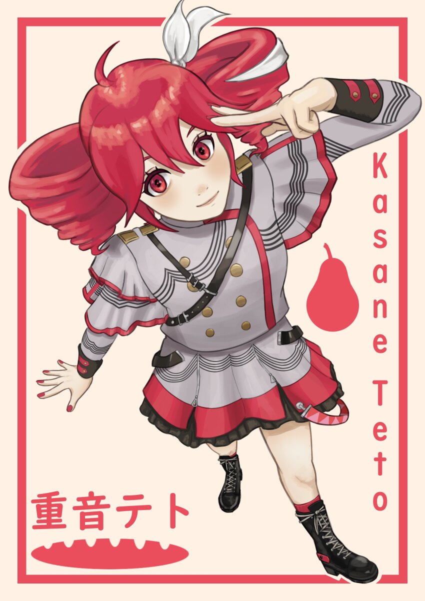 1girl absurdres ahoge arm_at_side arm_up belt black_belt black_boots black_skirt black_sleeve_cuffs blush boots border bow buttons character_name double-breasted drill_hair fingernails flat_chest full_body grey_skirt hair_between_eyes hair_bow hair_ribbon highres inset_border jacket kasane_teto kasane_teto_(sv) kneehighs lace-up_boots layered_skirt layered_sleeves lips long_sleeves musical_staff musical_staff_print pearto platform_boots red_border red_eyes red_hair red_nails red_skirt red_socks red_trim ribbon shoulder_belt shoulder_boards skirt smile socks solo striped_clothes striped_jacket striped_skirt synthesizer_v thataveragejoe twin_drills utau white_bow white_ribbon