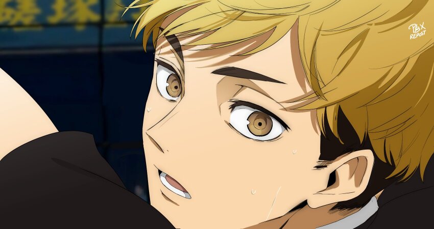 1boy black_hair black_shirt blonde_hair brown_eyes haikyuu!! highres looking_at_viewer m_m_pb male_focus miya_atsumu multicolored_hair shirt solo sportswear sweat sweatdrop volleyball_uniform