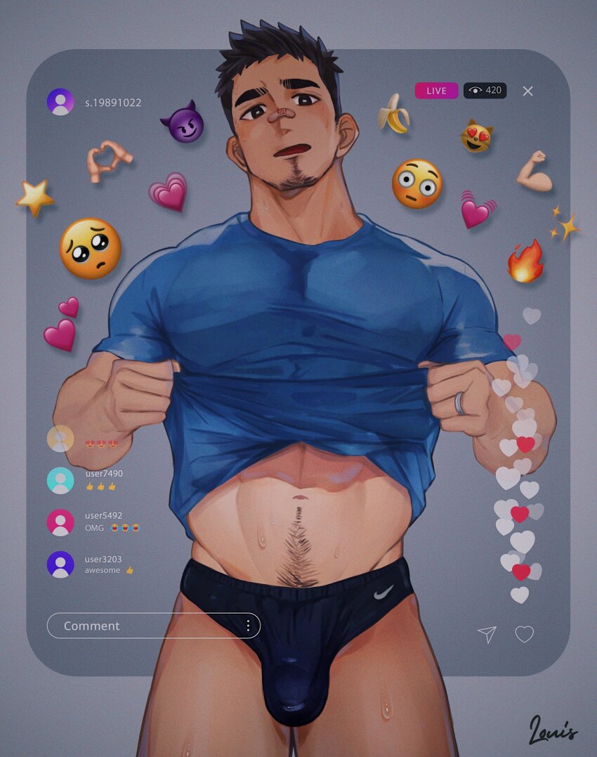 1boy absurdres banana_emoji bandaid bandaid_on_face bandaid_on_nose bara black_hair black_male_underwear blue_skirt briefs bright_pupils clothes_lift covered_penis demon_emoji emoji facial_hair feet_out_of_frame flaccid goatee head_tilt heart heart_emoji heart_hands highres jewelry large_pectorals lifting_own_clothes livestream long_sideburns looking_at_viewer louis_tjxx male_focus male_underwear muscular muscular_male navel navel_hair nike_(company) original pectorals pleading_face_emoji ring shirt shirt_lift short_hair sideburns skirt solo standing sweat t-shirt thick_eyebrows underwear undressing
