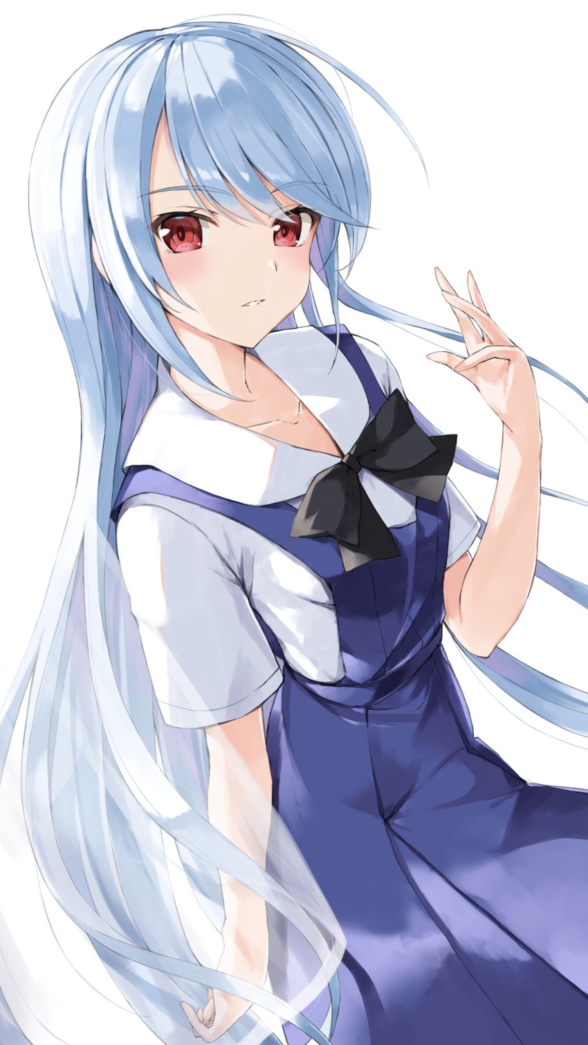 1girl absurdres black_bow blue_dress blue_hair blush bow collarbone collared_shirt commentary_request dress grisaia_(series) grisaia_no_kajitsu grisaia_no_rakuen hand_up highres kazami_kazuki long_hair parted_lips pleated_dress red_eyes shirt short_sleeves simple_background sleeveless sleeveless_dress solo very_long_hair white_background white_shirt yanagi_marie
