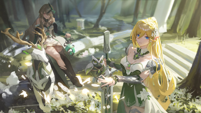 2girls absurdres blonde_hair blue_eyes deer ether.b green_hair highres holding holding_sword holding_weapon honkai_(series) honkai_impact_3rd multiple_girls red_eyes stage sword tree weapon