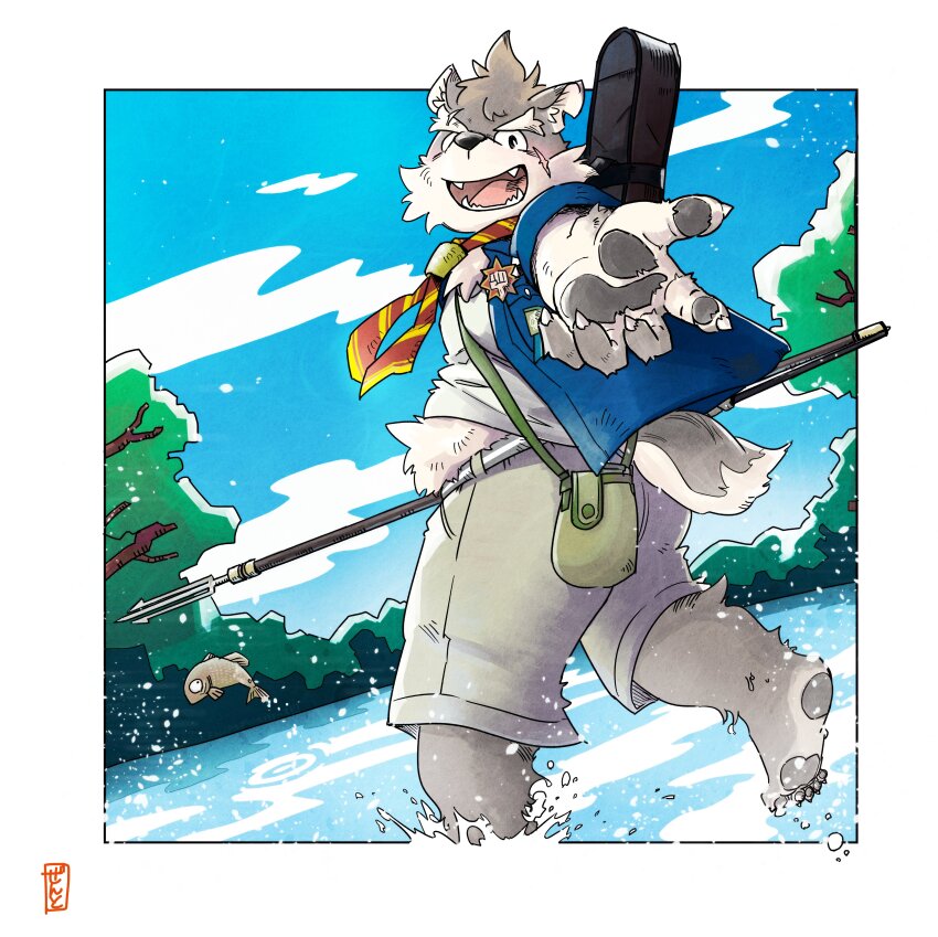 1boy absurdres animal_ears barefoot belly blue_shirt blue_sky brown_shorts claws cloud cloudy_sky commentary_request dog_boy dog_ears dog_nose dog_tail facial_scar fangs fish furry furry_male highres holding holding_polearm holding_weapon looking_at_viewer male_focus moritaka_(housamo) notched_ear open_clothes open_mouth open_shirt outstretched_hand pawpads plump polearm river scar scar_across_eyebrow scar_on_cheek scar_on_face shirt shorts signature sky smile tail takichizento tokyo_houkago_summoners tree trident weapon white_shirt