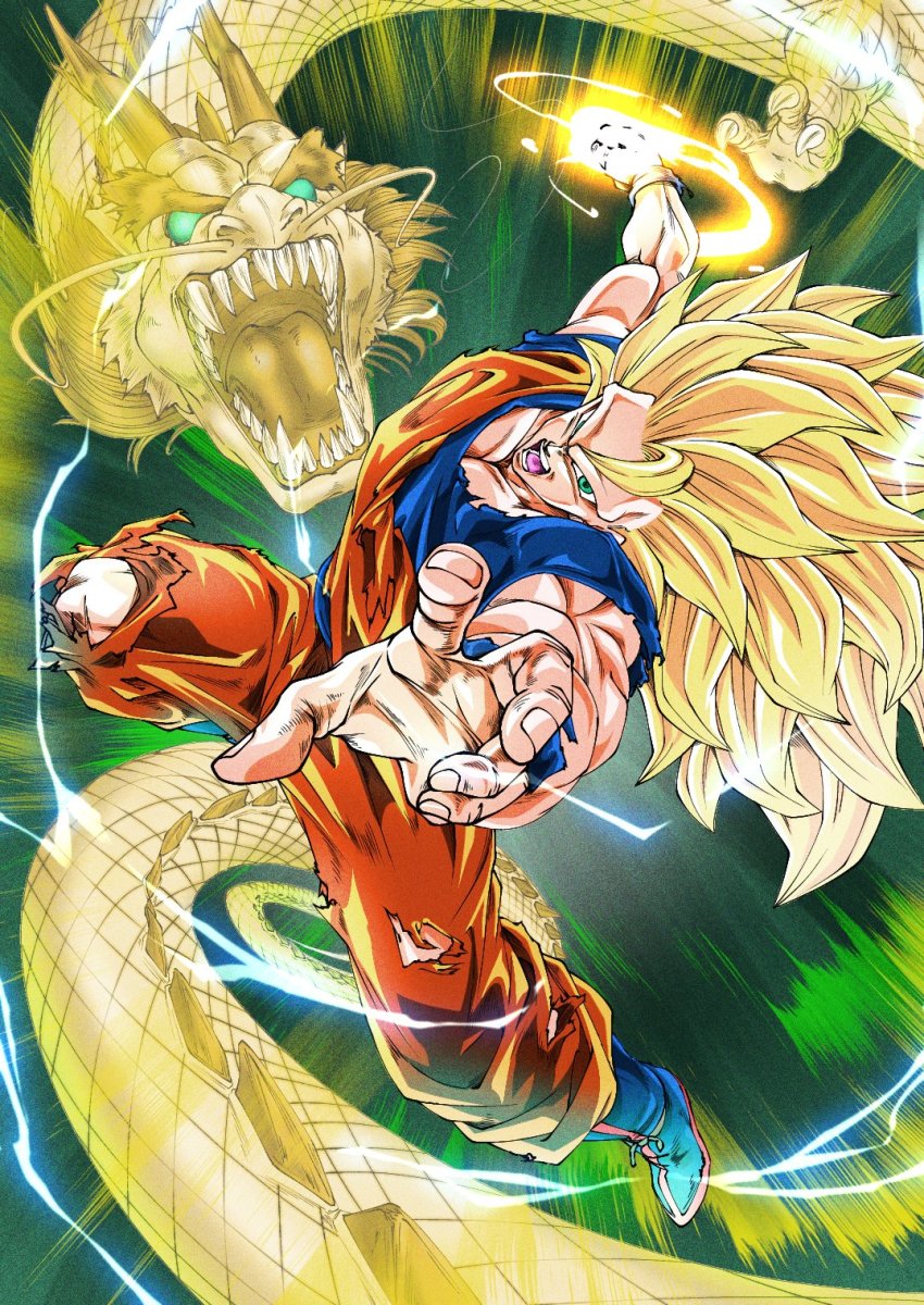 1boy aqua_eyes artist_request aura blue_sash blue_shirt boots clenched_hand closed_mouth dougi dragon dragon_ball dragon_fist dragonball_z full_body highres incoming_attack injury jumping long_hair looking_at_viewer muscular muscular_male no_eyebrows open_mouth sash serious shirt solo son_goku spiked_hair standing super_saiyan super_saiyan_3 torn_clothes very_long_hair