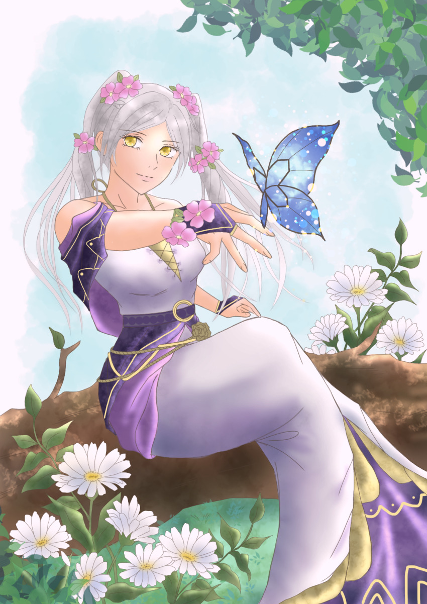 1girl arm_at_side bare_arms bare_shoulders blue_sky bracelet branch breasts butterfly butterfly_on_hand capelet cleavage collarbone crease crossed_legs day dress eyelashes female_focus female_robin_(fire_emblem) female_robin_(valentine)_(fire_emblem) fingerless_gloves fingernails fire_emblem fire_emblem_awakening fire_emblem_heroes flower flower_bracelet full_body gloves hair_flower hair_ornament halterneck happy highres in_tree intelligent_systems long_dress long_hair looking_at_viewer medium_breasts mermaid_dress moverabbit0305 nature neck nintendo off_shoulder official_alternate_costume outdoors outstretched_arm rope_belt scan sidelocks sitting sitting_in_tree sky sleeveless sleeveless_dress smile spaghetti_strap swept_bangs tree twintails white_hair yellow_eyes