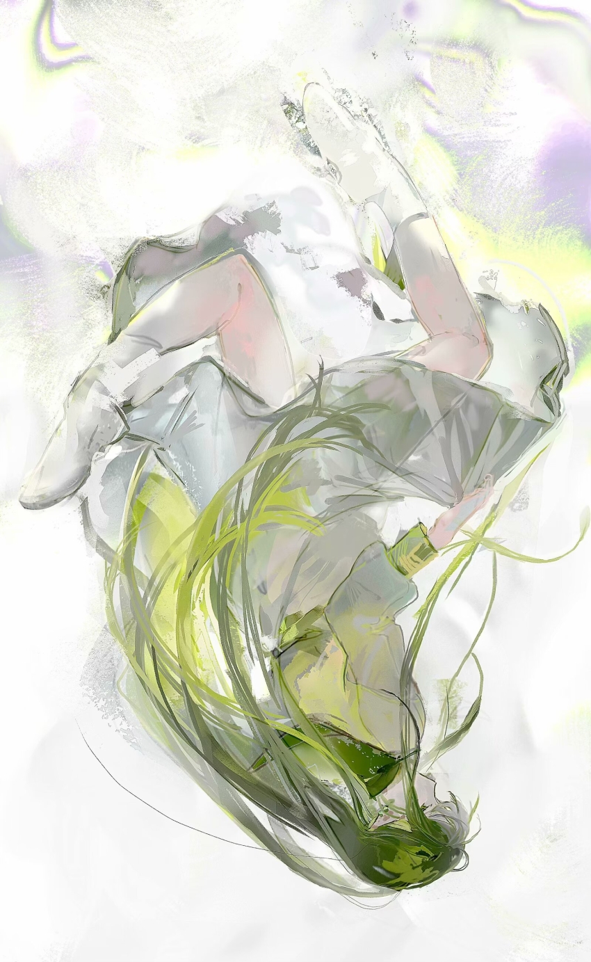 1girl abstract_background absurdres boots chinese_commentary commentary_request dress full_body green_eyes green_hair heibaihuabing highres long_hair long_sleeves original puffy_long_sleeves puffy_sleeves skirt_hold solo upside-down very_long_hair white_boots white_dress