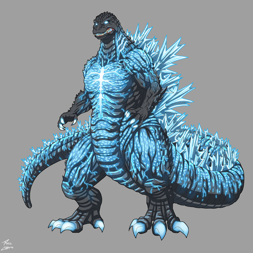 alternate_color bioluminescence burning_godzilla claws clenched_teeth elbow_spikes fangs full_body giant giant_monster glowing glowing_eyes glowing_mouth glowing_spikes godzilla godzilla_(series) godzilla_vs._destoroyah highres jaw kaiju long_tail monster no_humans phil-cho scales sharp_teeth spikes spines tail teeth