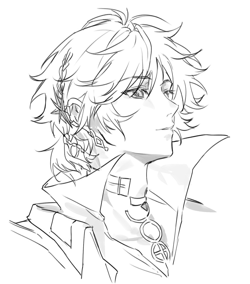 1boy arknights braid chinese_commentary commentary cropped_shoulders earrings greyscale high_collar highres intblue jewelry looking_up male_focus monochrome necklace short_hair simple_background smile solo thorns_(arknights) thorns_the_lodestar_(arknights)