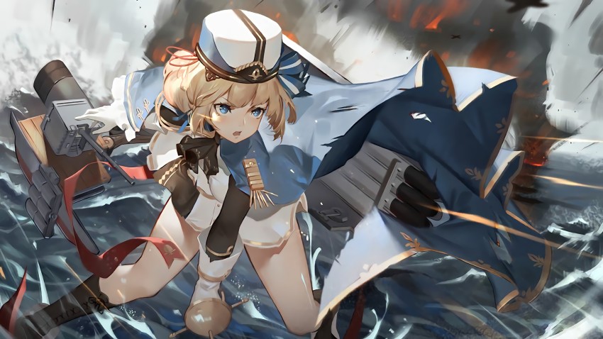 1girl absurdres azur_lane bare_legs blonde_hair blue_eyes boots braid cloak epaulettes eyebrows gloves hardy_(azur_lane) hat highres holding holding_sword holding_weapon military military_hat military_uniform official_art open_mouth pleated_skirt rapier ribbon rigging skirt solo sword torpedo torpedo_tubes waifu2x weapon white_gloves
