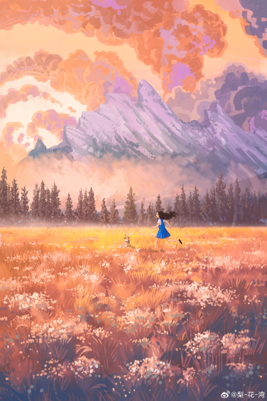 1girl absurdres blue_dress cloud cloudy_sky commentary day dog dress field forest grass highres lihuawan long_hair mountain nature orange_sky original outdoors running scenery shirt sky solo symbol-only_commentary tree watermark weibo_watermark white_shirt wide_shot