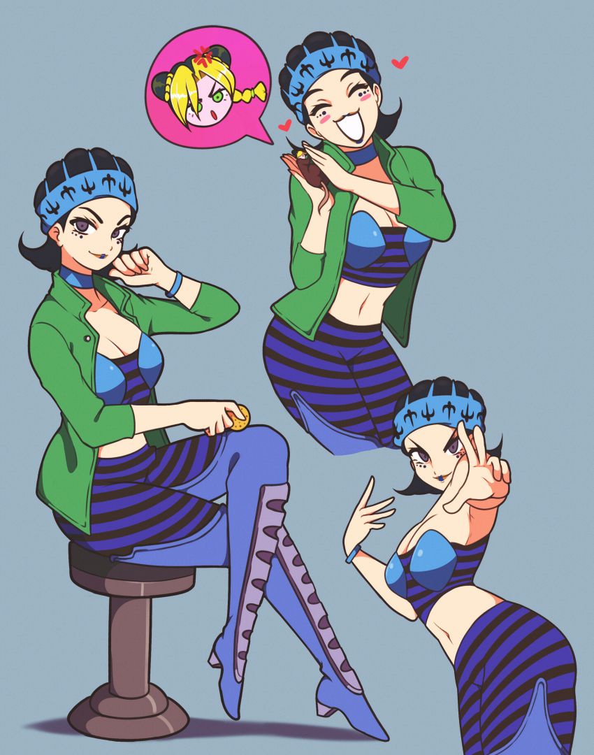 2girls absurdres animal_costume black_hair blonde_hair blue_choker boots braid breasts choker cleavage commentary double_bun facial_mark green_jacket gwess hair_bun hat heart high_heel_boots high_heels highres jacket jeff_miga jojo_no_kimyou_na_bouken kuujou_jolyne large_breasts lipstick makeup medium_hair midriff mini_person minigirl mouse_costume multicolored_hair multiple_girls navel pants purple_eyes single_braid sitting smile stone_ocean stool strapless striped_clothes striped_pants thigh_boots tube_top two-tone_hair wristband