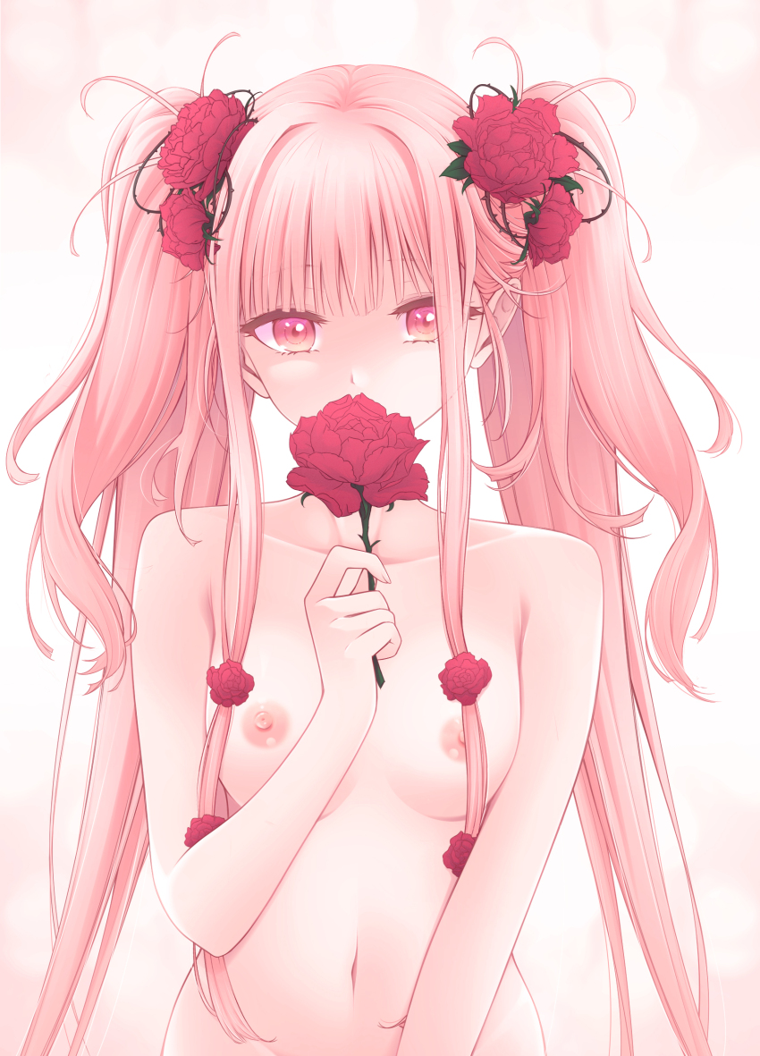 1girl absurdres artist_name breasts covered_mouth flower girls&#039;_frontline hair_flower hair_ornament highres hizuki.kaze holding holding_flower long_hair martini-henry_(girls&#039;_frontline) navel nipples nude pink_eyes pink_hair rose simple_background solo twintails upper_body