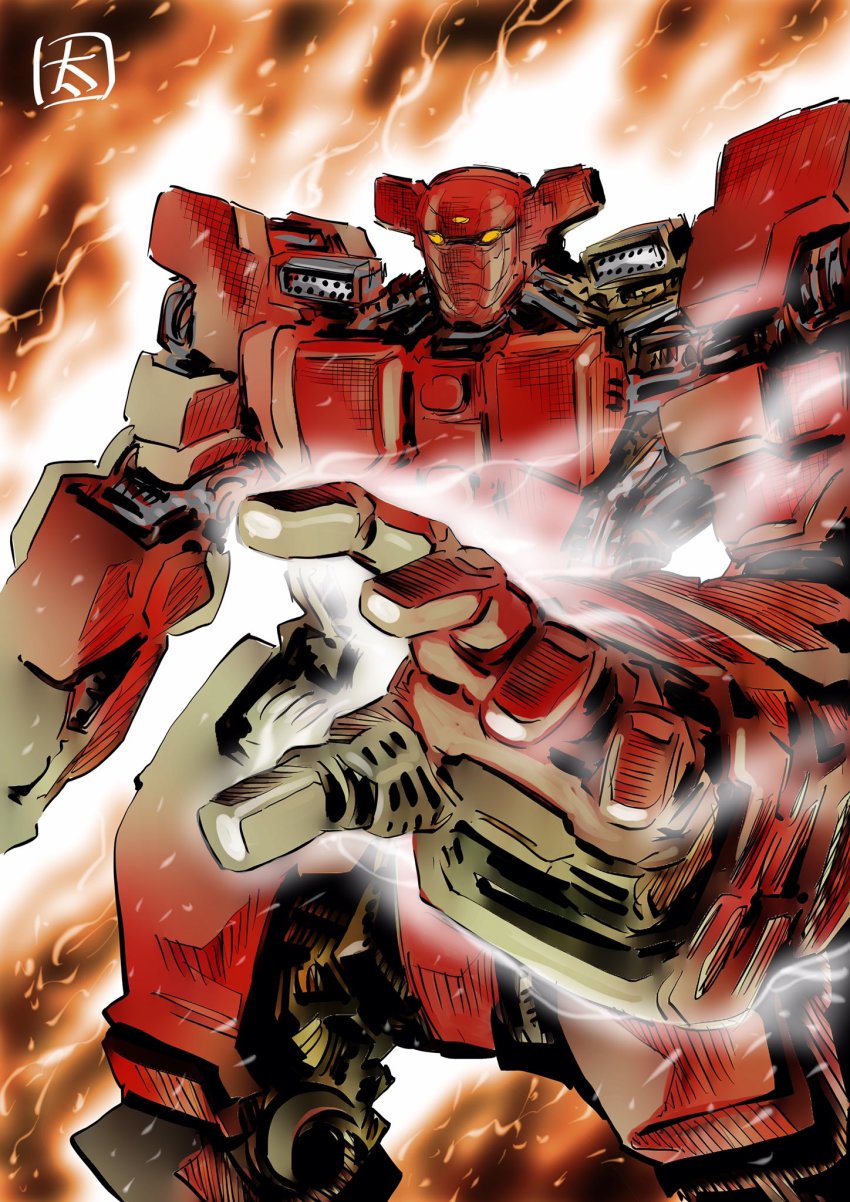 bravestorm fire highres looking_ahead mecha missile_pod ohtagaki_yasuo open_hand orange_eyes red_baron red_baron_(anime) robot science_fiction smoke solo super_robot