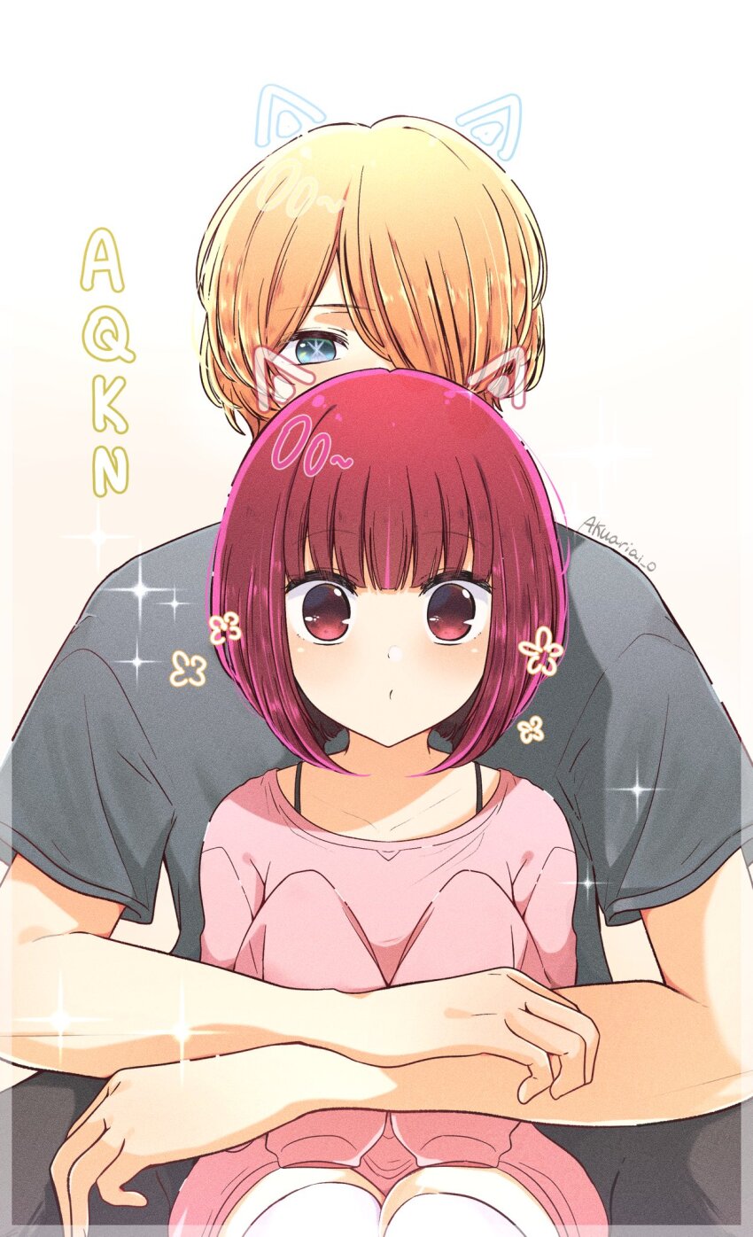 1boy 1girl :o animal_ears arima_kana blonde_hair blush fake_animal_ears highres hoshino_aquamarine hug hug_from_behind long_sleeves looking_at_viewer oshi_no_ko pink_sweater red_eyes risdelusions short_hair simple_background sweater upper_body white_background