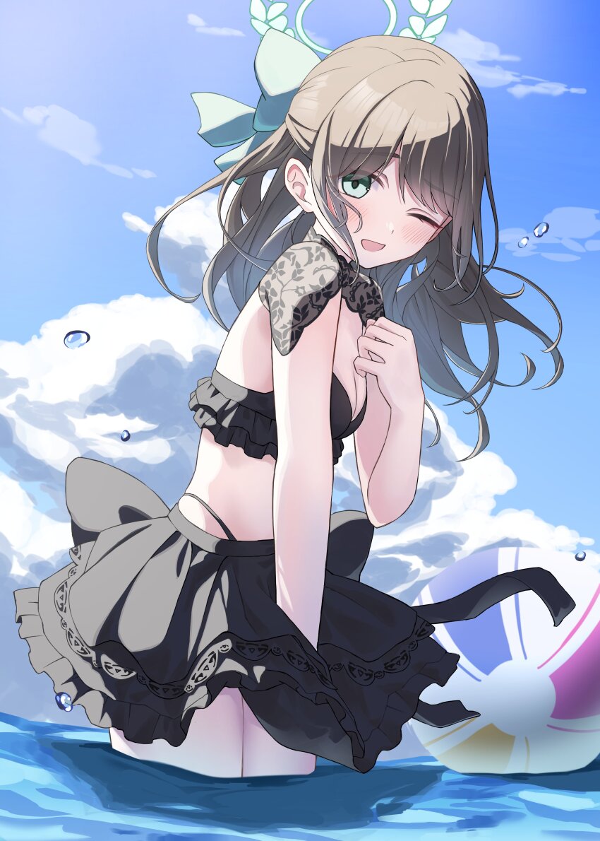 1girl ;d absurdres airi_(blue_archive) alternate_costume back_bow backlighting ball beachball bikini bikini_skirt black_bikini black_bow blue_archive blue_sky blush bow breasts brown_hair cleavage clenched_hand commentary_request day eyes_visible_through_hair floating_hair frilled_bikini frills green_bow green_eyes green_halo hair_between_eyes hair_bow half_updo halo hand_up happy heimu_(heim_kstr) highres long_hair looking_at_viewer medium_breasts ocean one_eye_closed open_mouth outdoors sky smile solo swimsuit water_drop