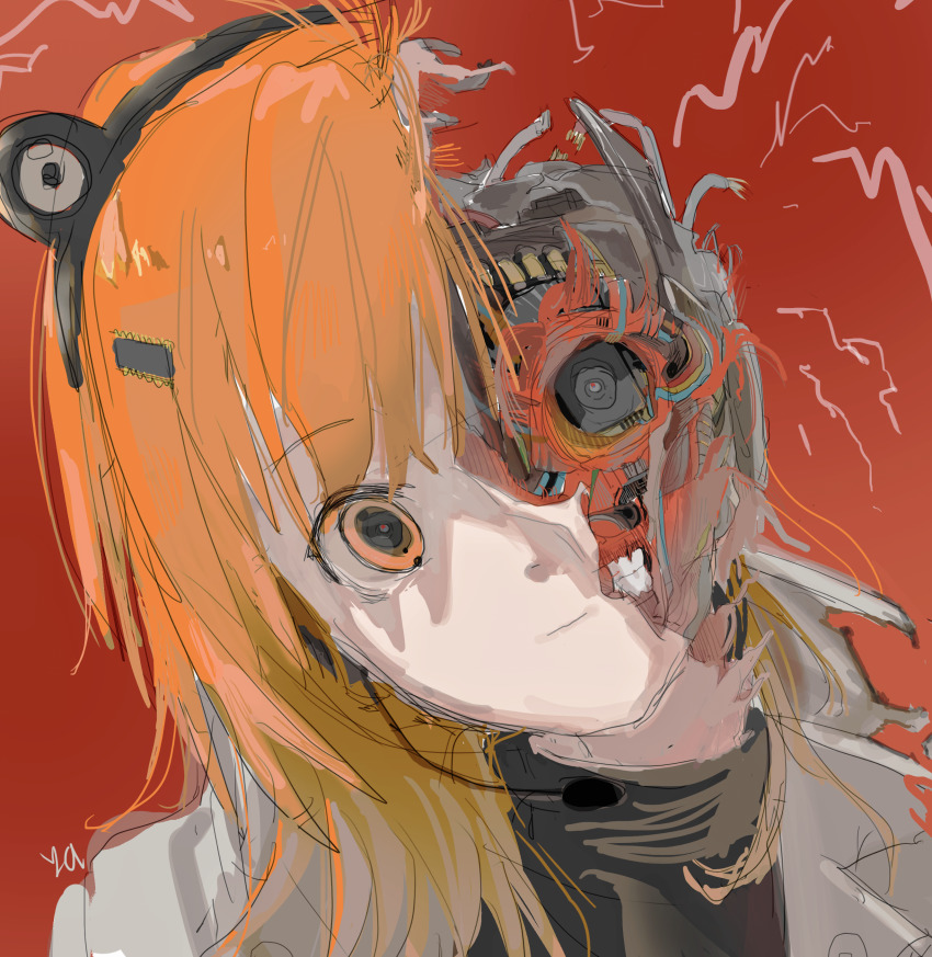1girl a.i._voice absurdres adachi_rei android black_shirt broken_cable chinese_commentary closed_mouth commentary_request deep_wound electricity exposed_muscle expressionless head_tilt headlamp headset highres hole_in_head injury jacket looking_at_viewer mechabare medium_hair orange_eyes orange_hair portrait red_background robot shirt simple_background solo torn_skin turtleneck turtleneck_shirt utau white_jacket wu_yang_hua_yin