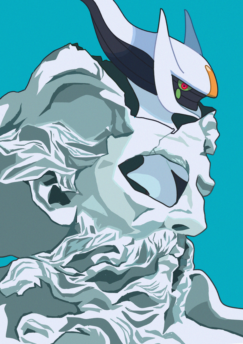 absurdres arceus closed_mouth colored_sclera commentary crack from_side gen_4_pokemon green_background green_sclera highres horns legendary_pokemon mythical_pokemon nintendo no_humans pokemon pokemon_(creature) red_eyes saiku_(zvlku) solo statue