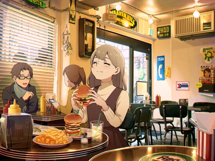 2boys 2girls 5114ave :t absurdres baseball_cap black-framed_eyewear window_blinds blue_eyes blush brown_hair burger car ceiling_light cellphone chair cleaning clock closed_eyes closed_mouth cup digital_clock diner dress drinking_glass drinking_straw dripping eating food french_fries glaring glasses hat herb_bundle highres holding holding_food holding_phone indoors ketchup_bottle light_brown_hair light_bulb long_hair long_sleeves looking_at_viewer mini_flag motor_vehicle multiple_boys multiple_girls mustard_bottle napkin_holder neon_lights onion_rings open_mouth original phone pinafore_dress plate ponytail pout cleaning_rag real_world_location reflection restaurant salt_shaker scarf sign sitting sleeveless sleeveless_dress smartphone smile table talking turtleneck two-handed window