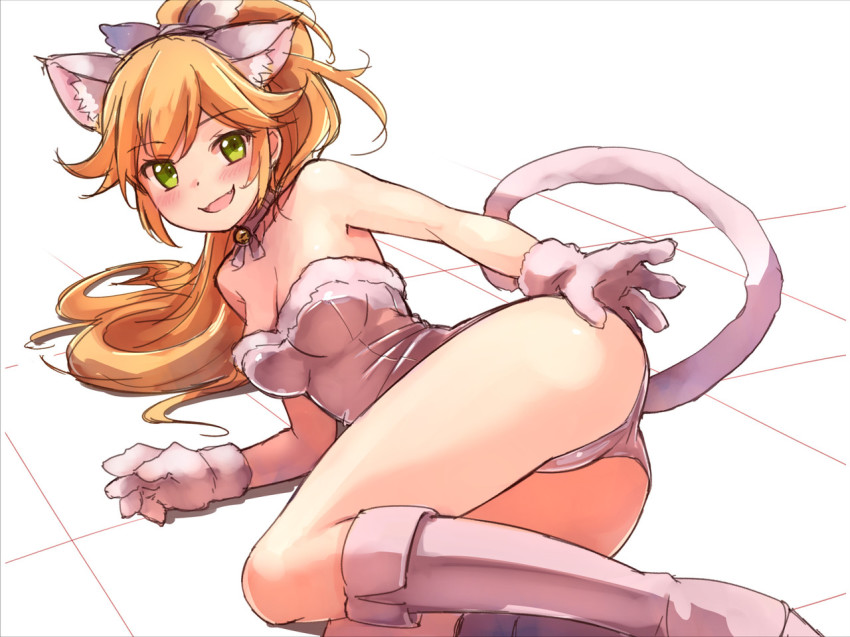 1girl :3 :d animal_costume animal_ears ass boots breasts cat_costume cat_ears cat_tail cleavage commentary fang fantasista_doll female_focus fur-trimmed_leotard fur_trim gloves green_eyes kemonomimi_mode kittysuit knee_boots leotard long_hair looking_at_viewer lying medium_breasts nontraditional_playboy_bunny nyama on_side open_mouth orange_hair ponytail sasara_(fantasista_doll) smile solo tail very_long_hair