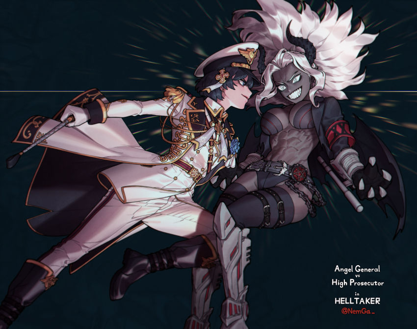 2girls abs absurdres angel_and_devil archangel_(helltaker) black_hair blue_eyes bra breasts chain character_name clawed_gauntlets claws cleavage colored_skin copyright_name cross dark-skinned_female dark_skin demon_girl demon_wings duel fighting_stance formal_clothes grin hat helltaker highres horns jacket judgement_(helltaker) military military_hat military_jacket military_uniform multiple_girls muscular muscular_female nemga pants peaked_cap sharp_teeth short_hair smile suit teeth underwear white_eyes white_hair white_pants wings