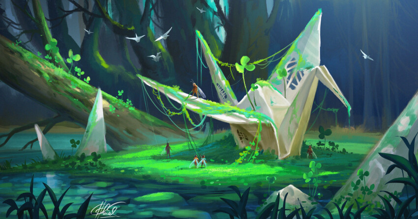 bird bug chinnkun clover fantasy forest grass landscape nature origami original painterly paper_crane rock signature sunlight water