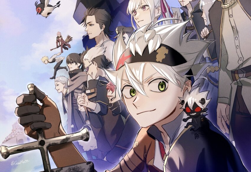 asta_(black_clover) black_bulls black_bulls_(emblem) black_capelet black_clover black_headband capelet everyone gauche_adlai gen_me grey_(black_clover) headband henry_legolant highres holding holding_sword holding_weapon liebe_(black_clover) luck_voltia magna_swing nacht_faust nero_(black_clover) noelle_silva sky sword twitter_username vanessa_enoteca weapon yami_sukehiro