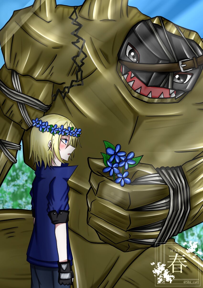 aonuma_kiriha blonde_hair digimon digimon_(creature) flower golem golemon highres rock