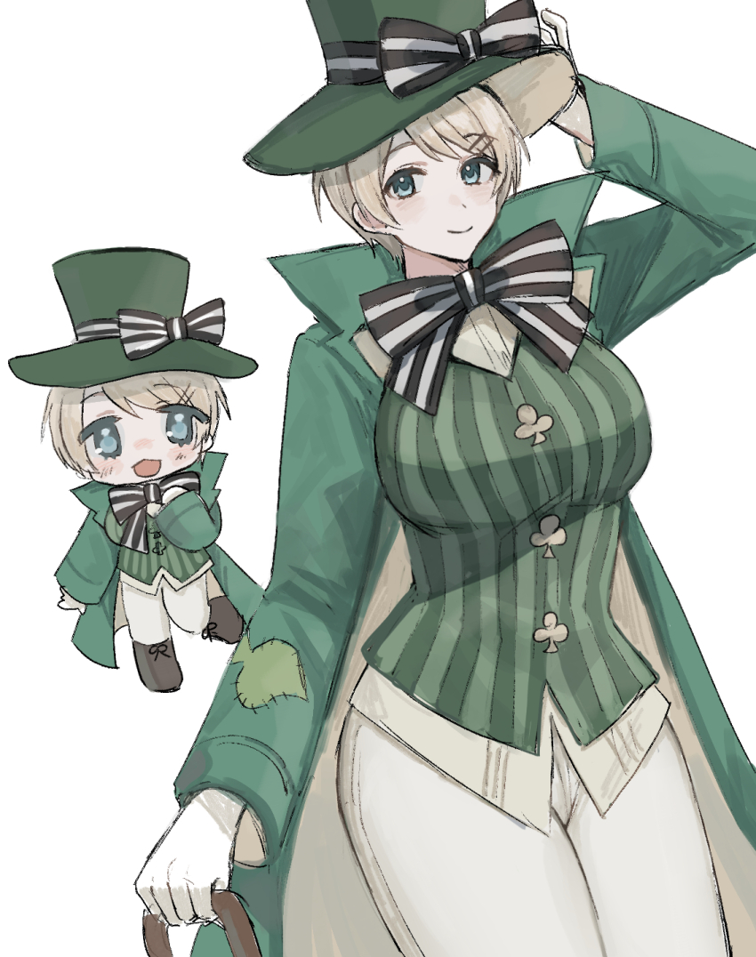 1girl alternate_costume arm_up axis_powers_hetalia black_bow black_bowtie blonde_hair blue_eyes blush boots bow bowtie breasts brown_boots chibi chibi_inset closed_mouth coat cowboy_shot formal_clothes full_body gloves green_coat green_hat green_vest hair_ornament hand_on_headwear hat hat_bow highres himoon666 holding holding_staff large_breasts leg_up long_sleeves looking_at_viewer multiple_views open_clothes open_coat open_mouth pants shirt short_hair simple_background smile staff standing standing_on_one_leg striped_bow striped_bowtie striped_clothes striped_vest suit two-sided_coat two-sided_fabric ukraine_(hetalia) very_short_hair vest white_background white_gloves white_pants white_shirt wooden_staff x_hair_ornament yellow_coat