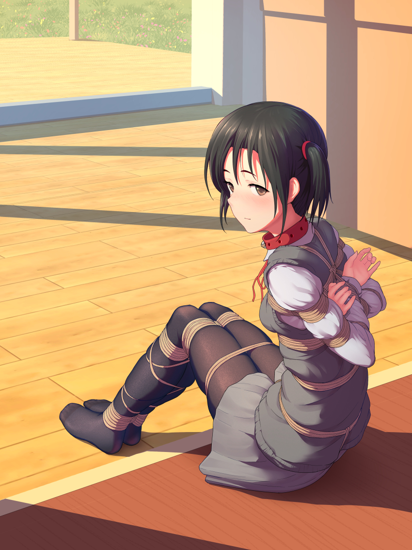 1girl absurdres arms_behind_back arms_up bdsm bell black_hair black_pantyhose blush bondage bound bound_arms bound_legs bound_wrists breasts brown_eyes chinese_commentary closed_mouth collar commentary_request day from_side full_body grass grey_skirt hair_tie highres himitsu_(hi_mi_tsu_2) indoors jingle_bell legs_together long_sleeves looking_at_viewer looking_to_the_side no_shoes on_floor original pantyhose red_collar red_ribbon ribbon rope school_uniform shibari shibari_over_clothes shirt sitting skirt slave small_breasts smile solo sunlight sweater_vest tareme white_shirt wooden_floor