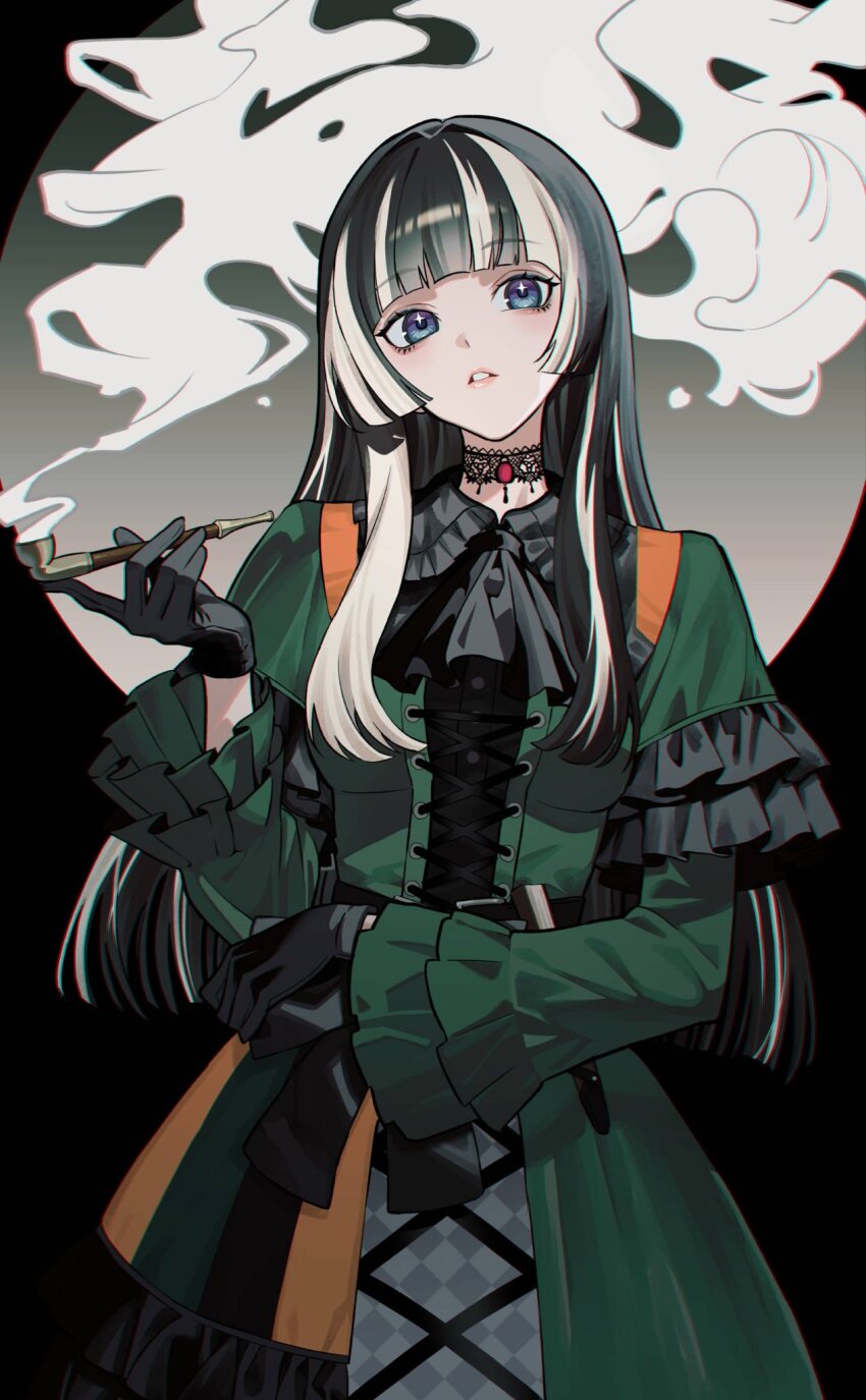 1girl ascot black_ascot black_choker black_gloves blonde_hair blue_eyes blue_hair blunt_bangs checkered_clothes checkered_skirt choker dress frilled_dress frilled_sleeves frills gloves gothic_lolita green_dress highres hime_cut hololive juufuutei_raden kygraffiti lolita_fashion long_hair looking_at_viewer multicolored_hair parted_lips pink_lips sidelocks simple_background skirt smoke smoking_pipe standing streaked_hair virtual_youtuber