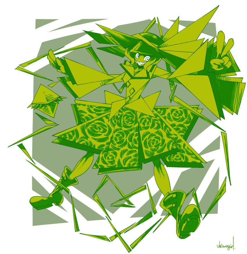 1girl boots bow commentary_request floral_print full_body geometry green_theme grin hat hat_bow highres komeiji_koishi looking_at_viewer math monochrome print_skirt rose_print sharp_teeth shirt short_hair skirt smile solo teeth touhou ukiwagirl v