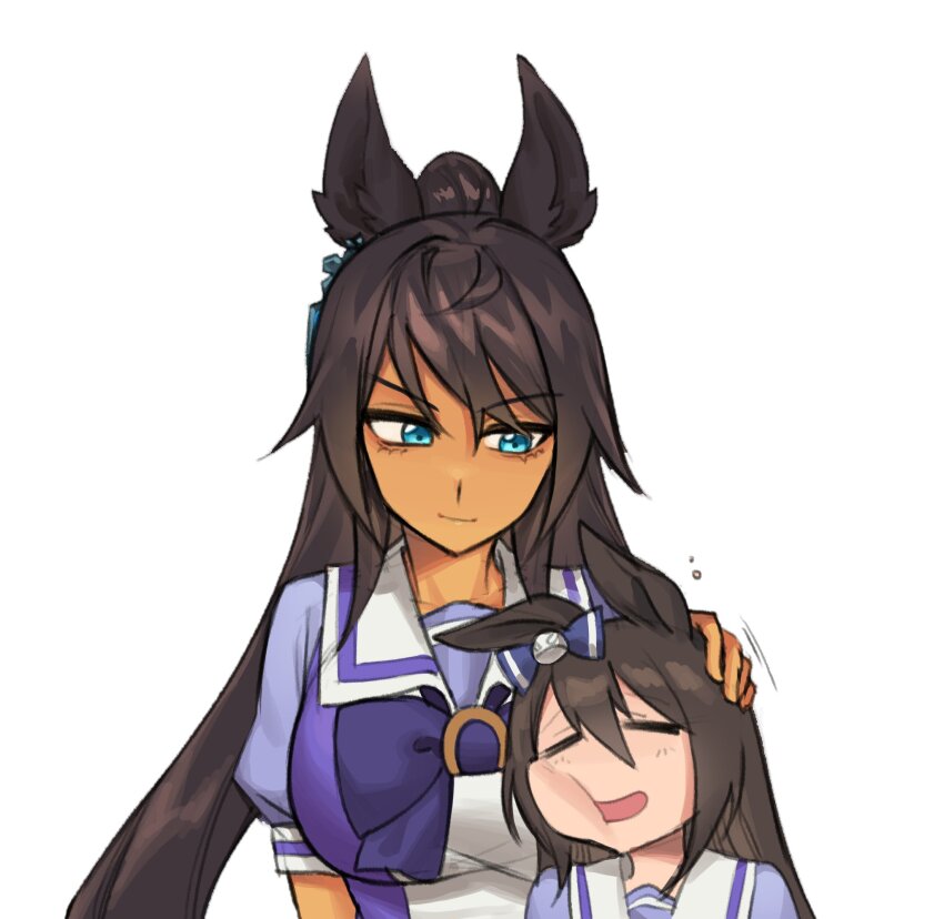 2girls aqua_eyes black_hair blue_bow bow bowtie cheek_squash closed_eyes commentary dark-skinned_female dark_skin deep_impact_(umamusume) ear_bow earrings fukuro_(maruaru00) hair_between_eyes headpat highres jewelry long_hair multiple_girls puffy_short_sleeves puffy_sleeves purple_bow purple_bowtie purple_shirt sailor_collar sailor_shirt school_uniform shirt short_sleeves single_earring smile summer_uniform symboli_kris_s_(umamusume) tracen_school_uniform umamusume white_sailor_collar