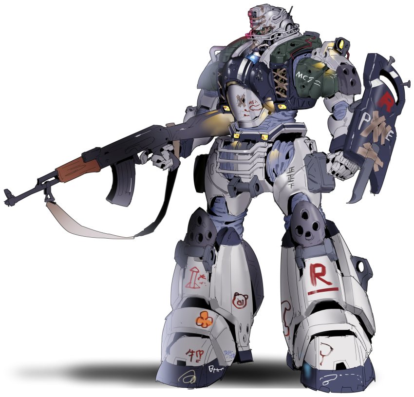 1girl absurdres ak-47 assault_rifle av-98_ingram blonde_hair breasts camera clenched_hand crop_top damaged glowing gun helmet highres holding holding_gun holding_weapon kalashnikov_rifle kidou_keisatsu_patlabor large_breasts mecha navel original rifle robot science_fiction shield solo vandalism visor weapon white_background zhu_fun