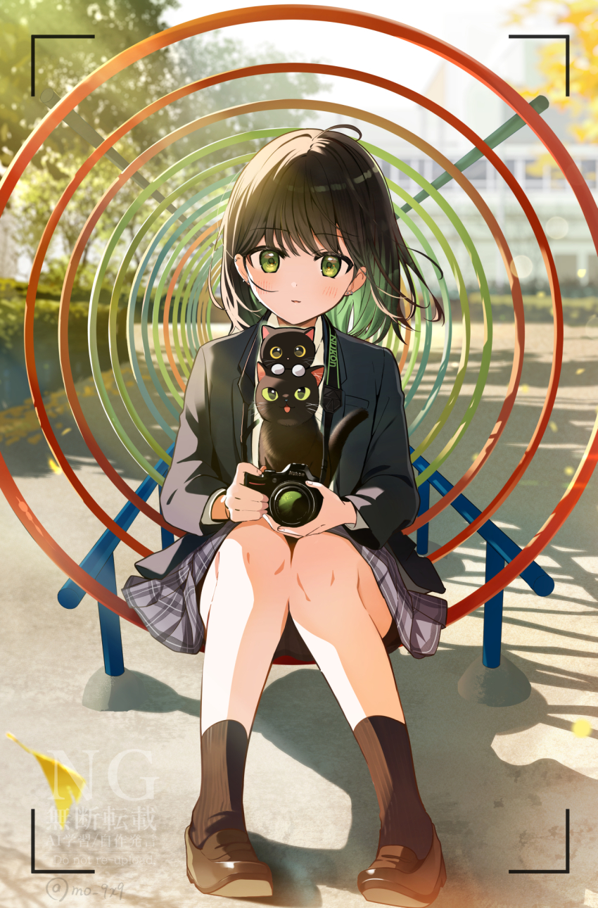 1girl :| animal animal_on_lap ankle_socks artist_name black_hair black_jacket blurry blurry_background brown_shoes brown_socks cat closed_mouth colored_inner_hair dot_nose expressionless full_body green_eyes green_hair highres jacket loafers long_sleeves looking_at_viewer miniskirt multicolored_hair on_lap original outdoors plaid_clothes plaid_skirt pleated_skirt shirt shoes short_hair sitting skirt socks solo swept_bangs viewfinder watermark white_shirt wispy_bangs yukimaru_nun