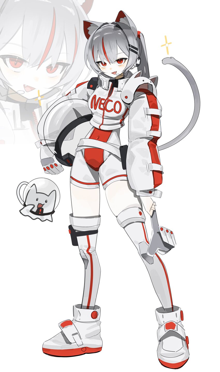 absurdres animal_ears cat_ears cat_girl cat_tail covered_navel english_text grey_hair grey_thighhighs helmet highres medium_hair neneko_mashiro side_ponytail space_helmet stellive tail thighhighs thighs uemaroo white_background