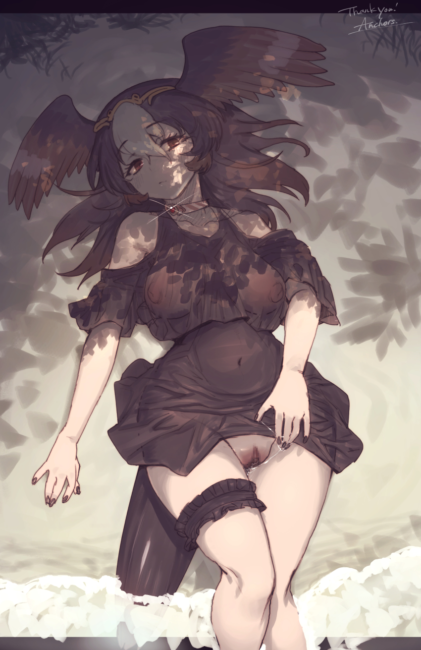 1girl absurdres anchors_(mono_eye_os) bare_shoulders beach bird_girl bird_tail bird_wings brown_eyes brown_hair censored dress feathered_wings frills hair_ornament head_wings highres jewelry kemono_friends long_hair looking_at_viewer nail_polish necklace outdoors pussy solo striated_caracara_(kemono_friends) tail wings