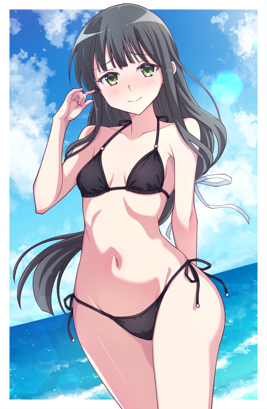1girl absurdres bikini black_bikini black_hair blue_sky border breasts closed_mouth cloud collarbone commentary_request day e20 female_focus green_eyes hand_up hibike!_euphonium highres long_hair looking_at_viewer navel outside_border second-party_source side-tie_bikini_bottom sky small_breasts smile solo solo_focus stomach swimsuit thighs very_long_hair white_border yoshii_sari