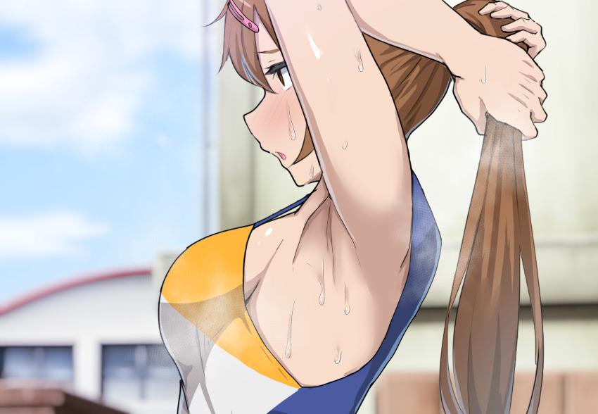 1girl 4tb_(4tera_byte) :o armpits blurry blurry_background blush brown_hair cheerleader chuunibyou_demo_koi_ga_shitai! day from_side hair_ornament hairclip highres long_hair nibutani_shinka outdoors ponytail profile shiny_skin solo wet
