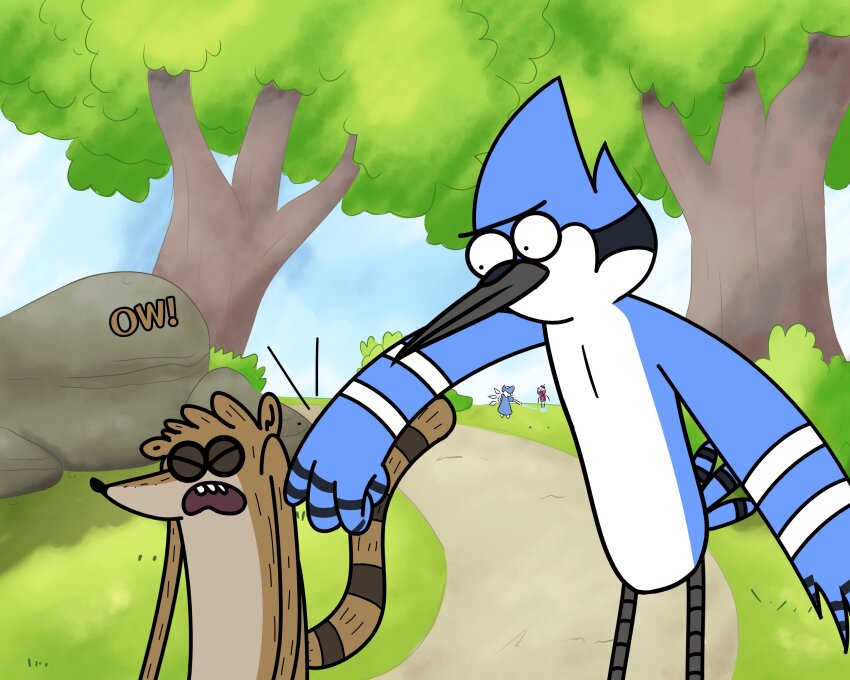 2boys bird_boy commentary english_commentary english_text highres hitting male_focus mordecai_(regular_show) multiple_boys outdoors raccoon_boy regular_show rigby rownou tree