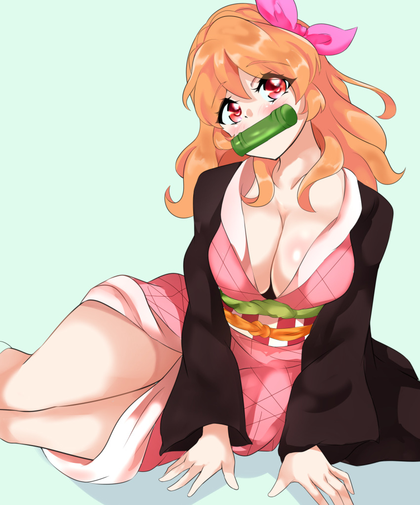 1girl absurdres aikatsu! aikatsu!_(series) alternate_costume bamboo bit_gag blush breasts cosplay eine_(ein-faust) gag highres japanese_clothes kamado_nezuko kamado_nezuko_(cosplay) kimetsu_no_yaiba kimono large_breasts legs looking_at_viewer obi ozora_akari orange_hair pink_eyes pink_kimono pink_ribbon ribbon sash solo