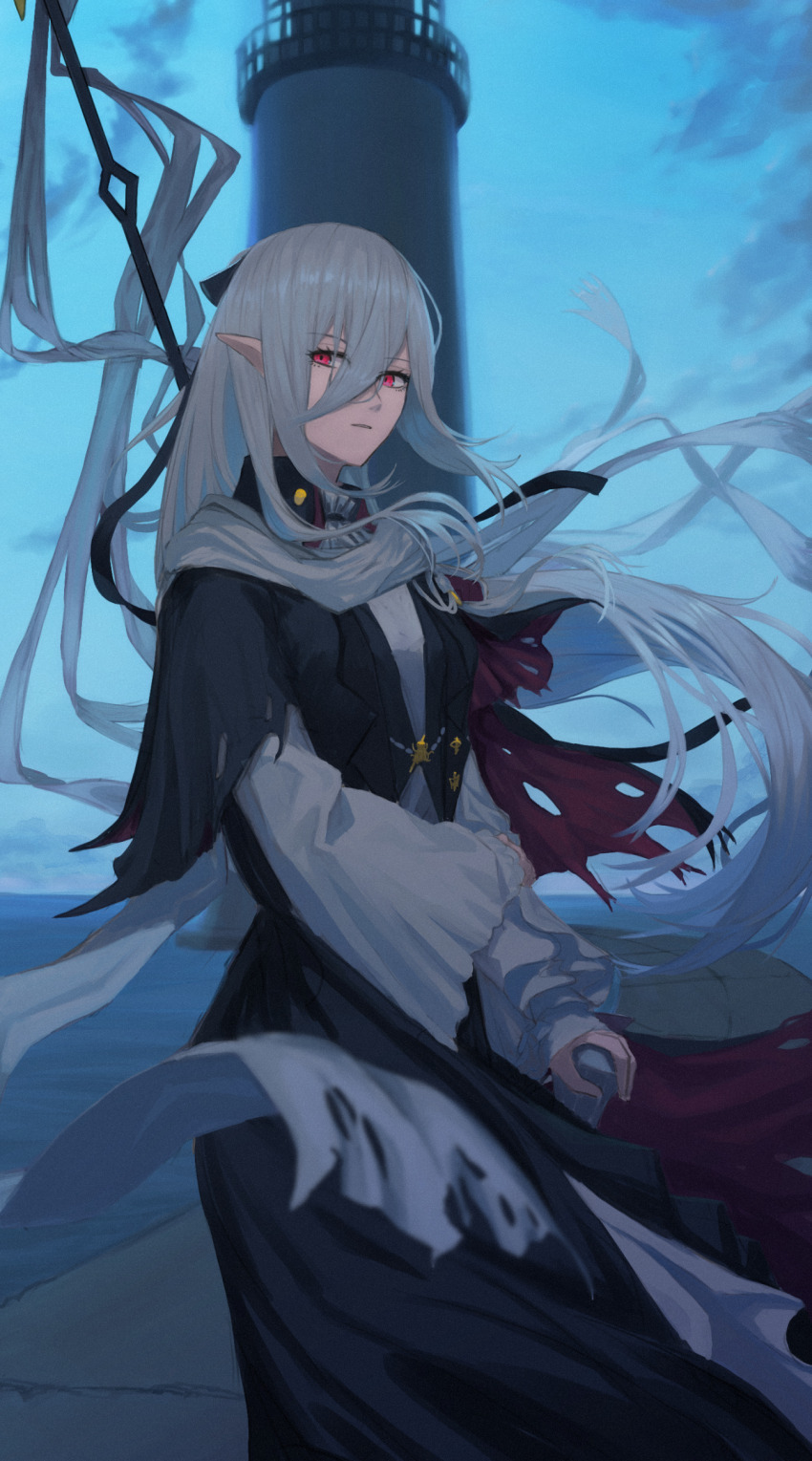 1girl absurdres arknights black_jacket black_skirt blue_sky cloud commentary_request floating_hair gladiia_(arknights) grey_hair hair_between_eyes highres horizon izumo_(ton_63) jacket layered_sleeves lighthouse long_hair long_sleeves looking_at_viewer ocean outdoors parted_lips pointy_ears red_eyes shirt short_over_long_sleeves short_sleeves skirt sky sleeves_past_wrists solo torn_clothes torn_sleeves very_long_hair water white_shirt