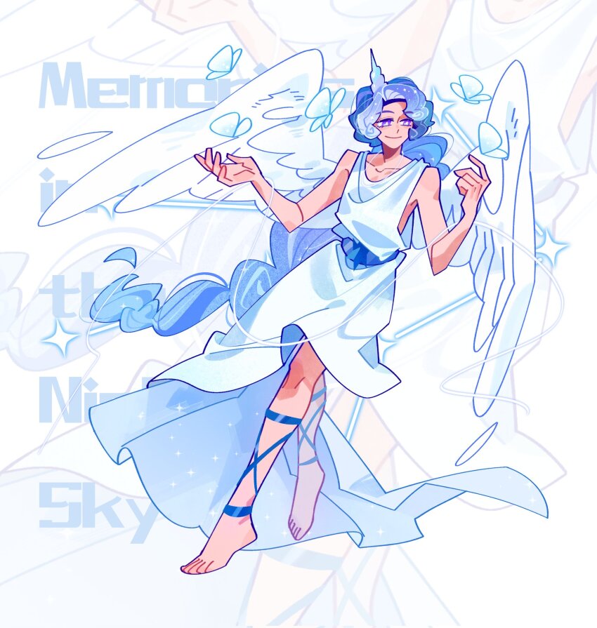 1other androgynous belt blue_belt blue_hair bradyclaph83904 bug butterfly closed_mouth cookie_run cookie_run:_kingdom cream_unicorn_cookie dress feathered_wings full_body highres humanization insect long_hair looking_at_animal middle_part no_shoes official_alternate_hair_color other_focus purple_eyes simple_background sleeveless smile solo standing unicorn_horn very_long_hair white_background white_dress white_wings wings