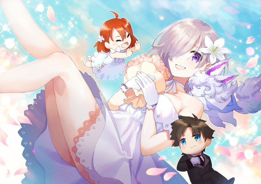 1girl :d absurdres bouquet breast_press breasts character_doll choker collarbone doll dress fate/grand_order fate_(series) flower fou_(fate) fujimaru_ritsuka_(female) fujimaru_ritsuka_(female)_(fgo_orchestra) fujimaru_ritsuka_(male) fujimaru_ritsuka_(male)_(fgo_orchestra) hair_between_eyes hair_over_one_eye highres holding holding_bouquet huge_filesize mash_kyrielight mash_kyrielight_(formal_dress) medium_breasts off-shoulder_dress off_shoulder official_alternate_costume open_mouth pink_flower purple_eyes ribbon ribbon_choker sahara1127 short_dress short_hair short_sleeves silver_hair smile solo white_dress white_ribbon