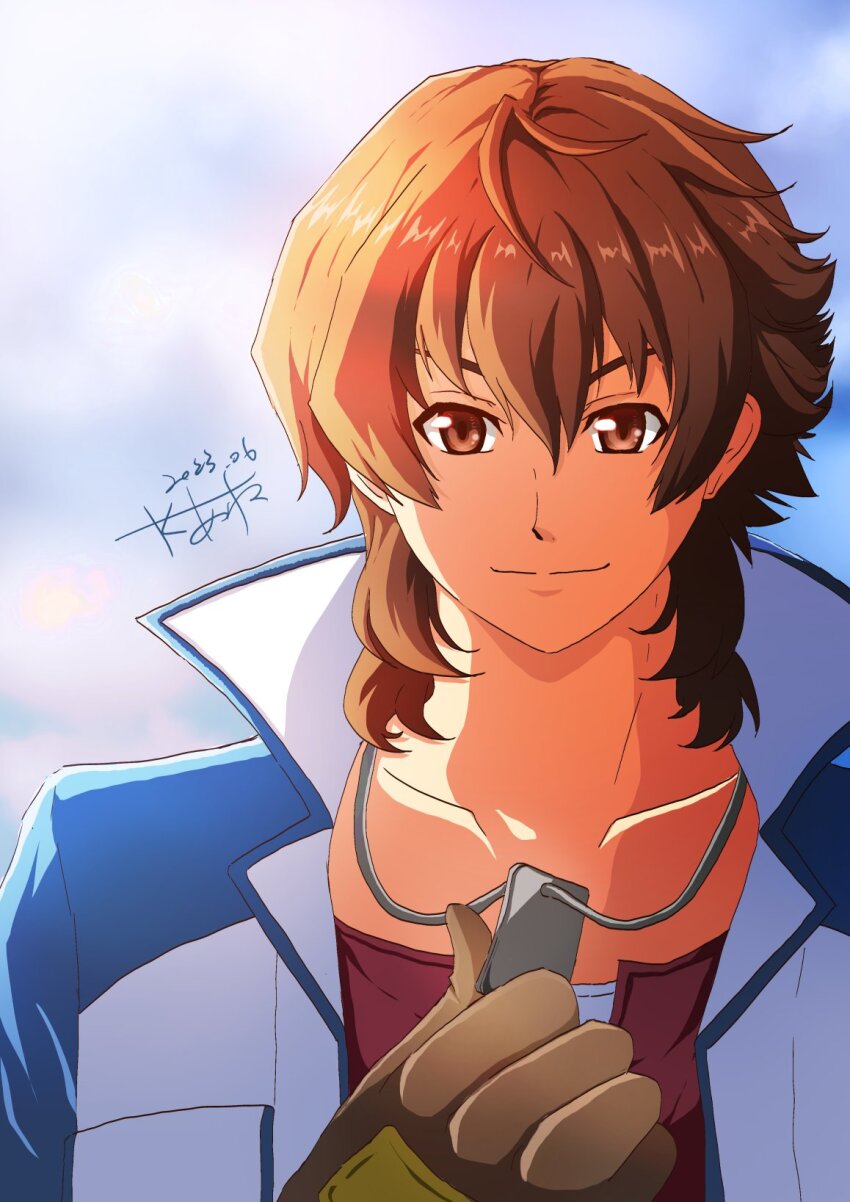 1boy akane_kazami ao_no_kiseki brown_eyes brown_hair coat dated dog_tags eiyuu_densetsu giorgio_(akakosam) gloves highres holding_dog_tags male_focus mullet portrait signature smile solo zero_no_kiseki