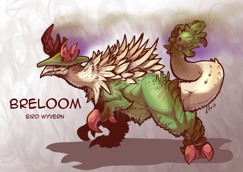 absurdres beak bird breloom claws colored_skin gen_3_pokemon green_skin highres horns lluisabadias monster monster_hunter_(series) nintendo no_humans pokemon pokemon_(creature) standing tail