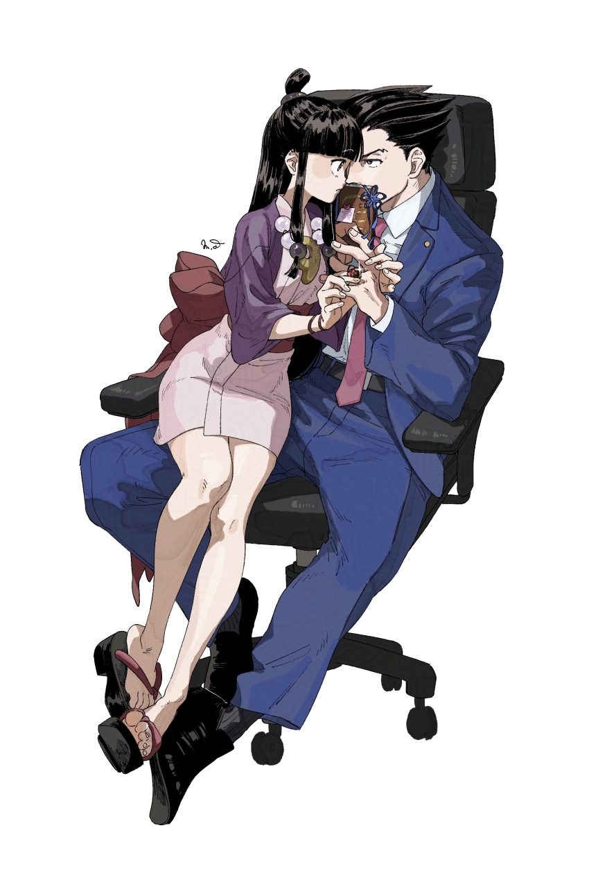 1boy 1girl absurdres ace_attorney black_hair blue_jacket blue_pants blunt_bangs bow chair collared_shirt formal_clothes full_body hair_ornament hanten_(clothes) highres jacket japanese_clothes jewelry kimono loafers long_hair long_sleeves looking_at_another magatama maya_fey necklace necktie office_chair omen_hohoho pants parted_bangs phoenix_wright pink_sash purple_jacket ring sash shirt shoes short_hair short_kimono sidelocks simple_background sitting smile spiked_hair suit swivel_chair thinking white_kimono white_shirt