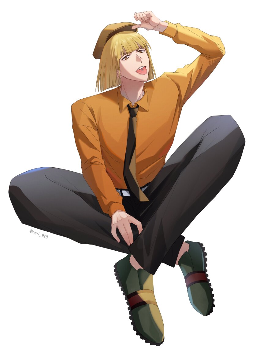 1boy absurdres adjusting_clothes adjusting_headwear arm_up belt black_necktie black_pants bleach blonde_hair blunt_bangs blunt_ends bob_cut brown_eyes brown_hat collared_shirt commentary crossed_ankles fingerless_gloves full_body gloves green_shoes hat highres hirako_shinji indian_style kuni_929 long_sleeves looking_at_viewer male_focus necktie orange_shirt pants piercing shirt shoes short_hair simple_background sitting solo symbol-only_commentary teeth tongue tongue_out tongue_piercing twitter_username upper_teeth_only v-shaped_eyebrows white_background white_belt